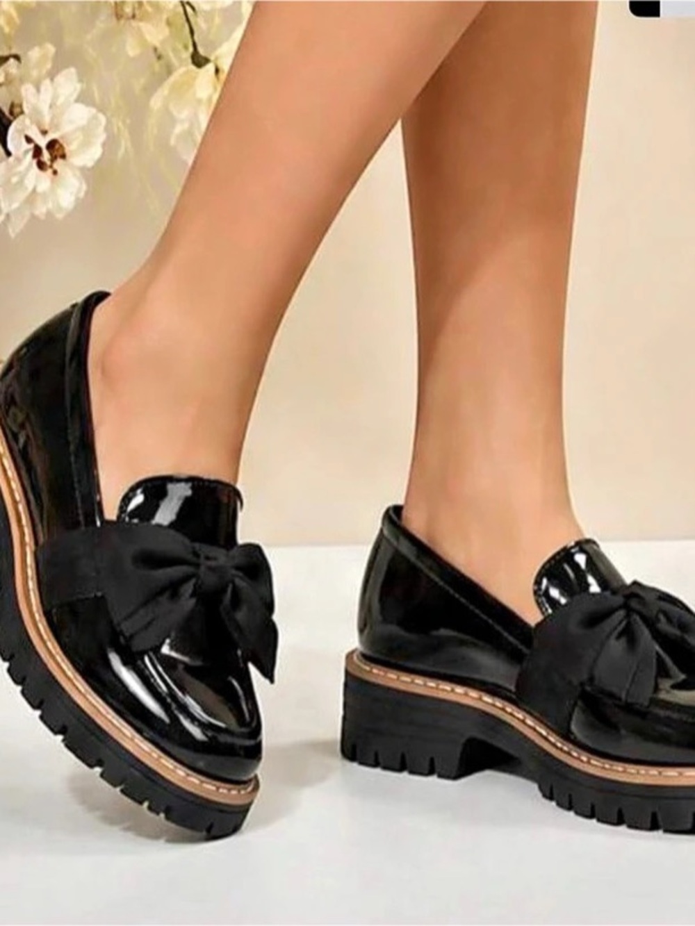 Black Bow Lug Sole Loafers